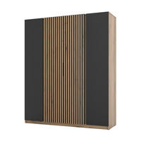 KLEIDERSCHRANK Nehir Korpus Eiche Evoke, Front Schwarz/Eiche Evoke 200 cm - 4T Modern mit 2 Lamellentüren mittig - Eichefarben/Schwarz, Holzwerkstoff/Kunststoff (200/239/61.9cm) - AX Living