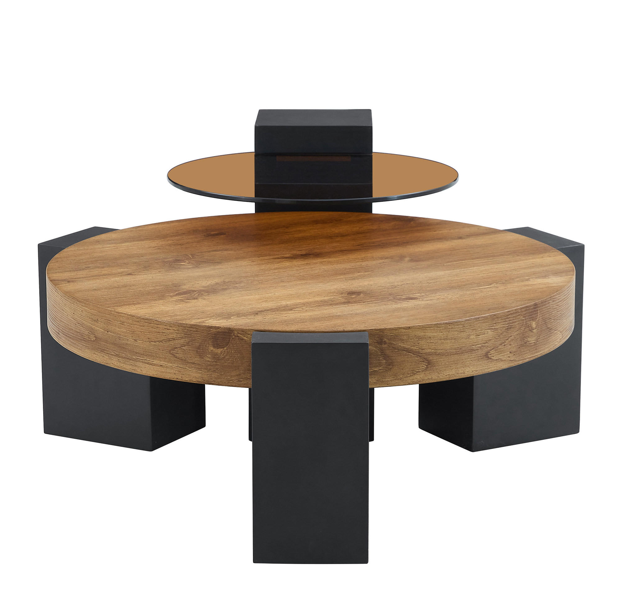 Modfu SADA konferenčních stolků z MDF a skla 61x61x30 cm černá/dekor dřeva, 2 úrovně, rozložitelné