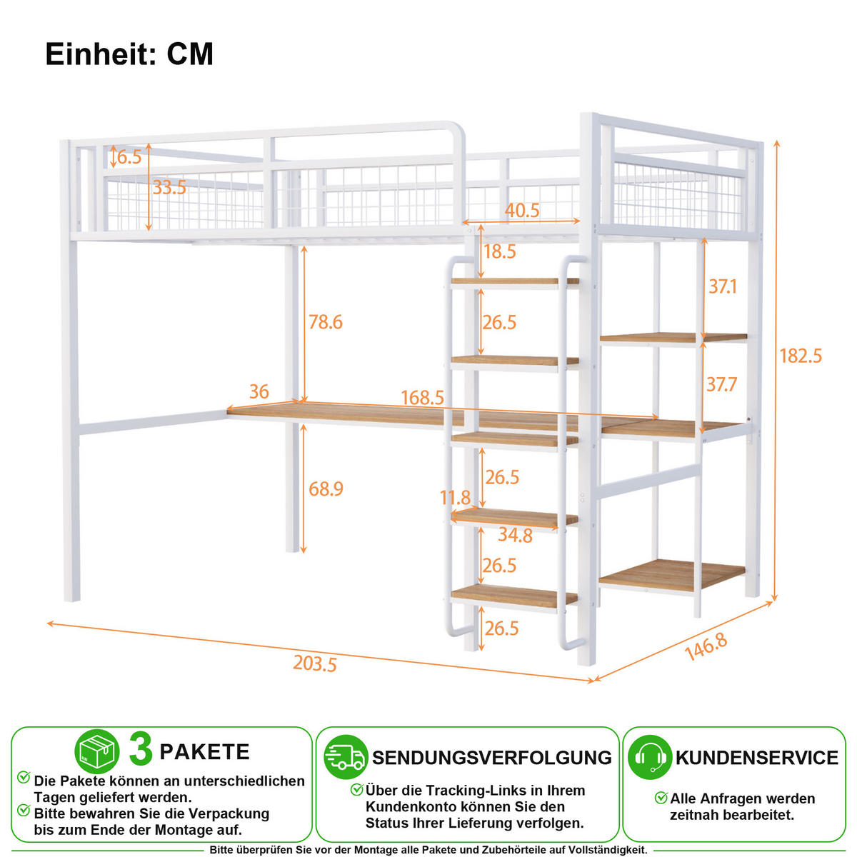 HOCHBETT 140/200 cm in Weiß mit Treppe, Tisch und Regal - Weiß, Metall (140/200cm) - CHICFURN