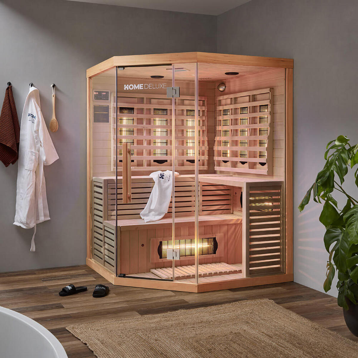 INFRAROTKABINE mit Vollspektrumstrahler SAHARA XXL - 150 x 150 cm für 4 Personen - Braun, Holz (150/200/150cm) - Home Deluxe