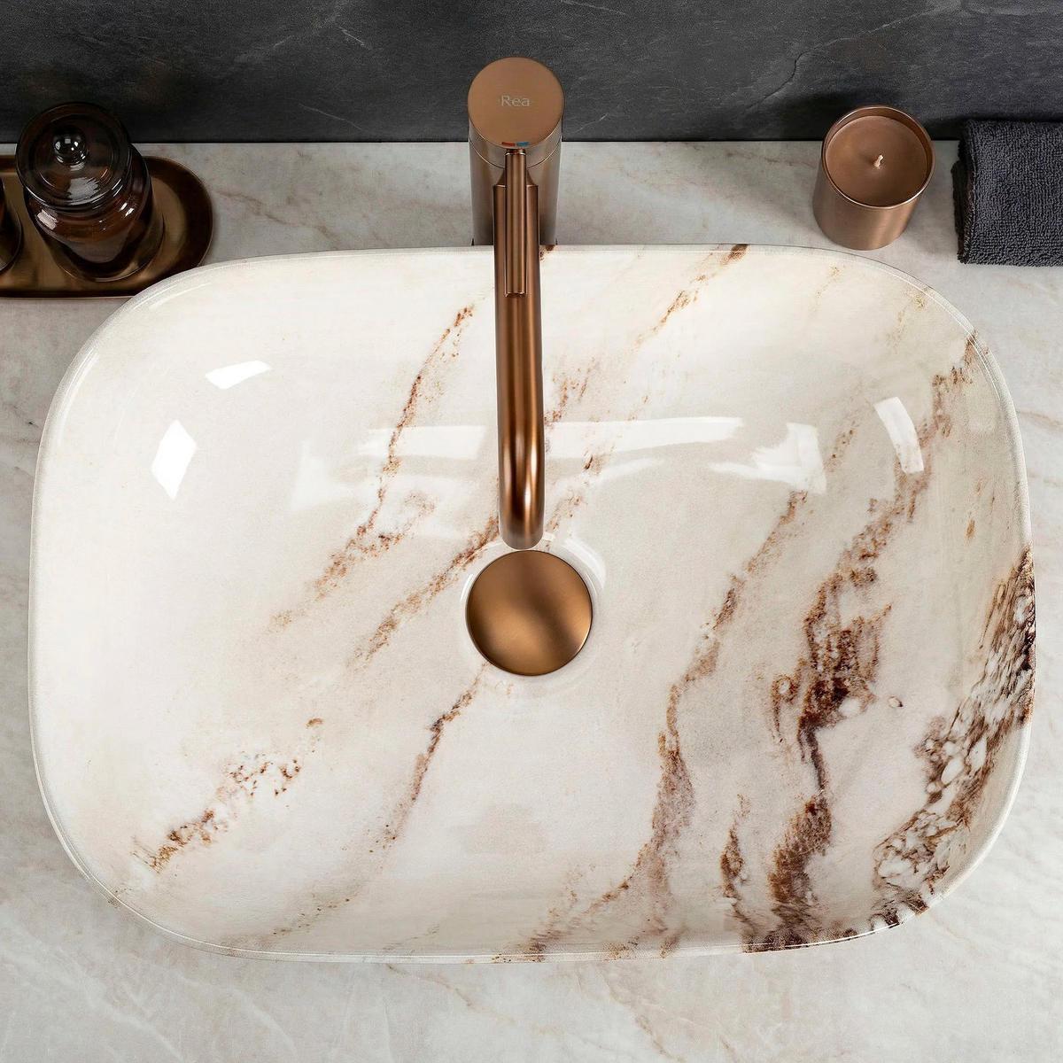 AUFSATZWASCHBECKEN Rea Belinda Marrone Marrone Shiny - Beige, Keramik (33/13.5/46.5cm) - REA