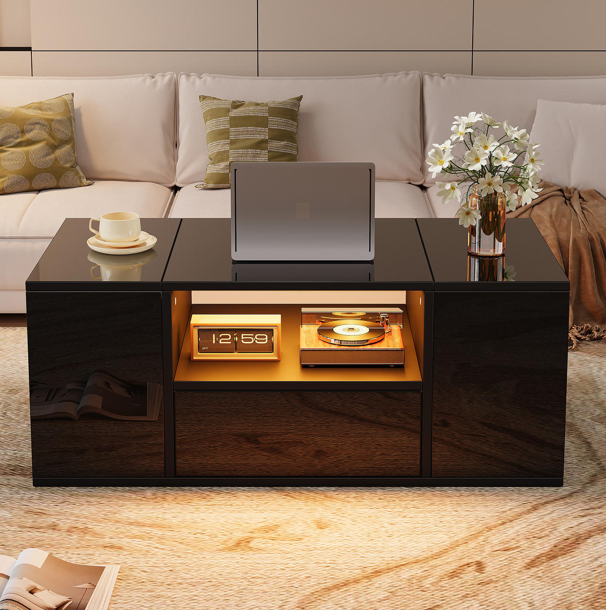 COUCHTISCH 100/50/40 cm mit LED-Beleuchtung, Schublade und 6 Staufächern aus Spanplatte, Schwarz - Schwarz, Holzwerkstoff (100/50/40cm) - Redom