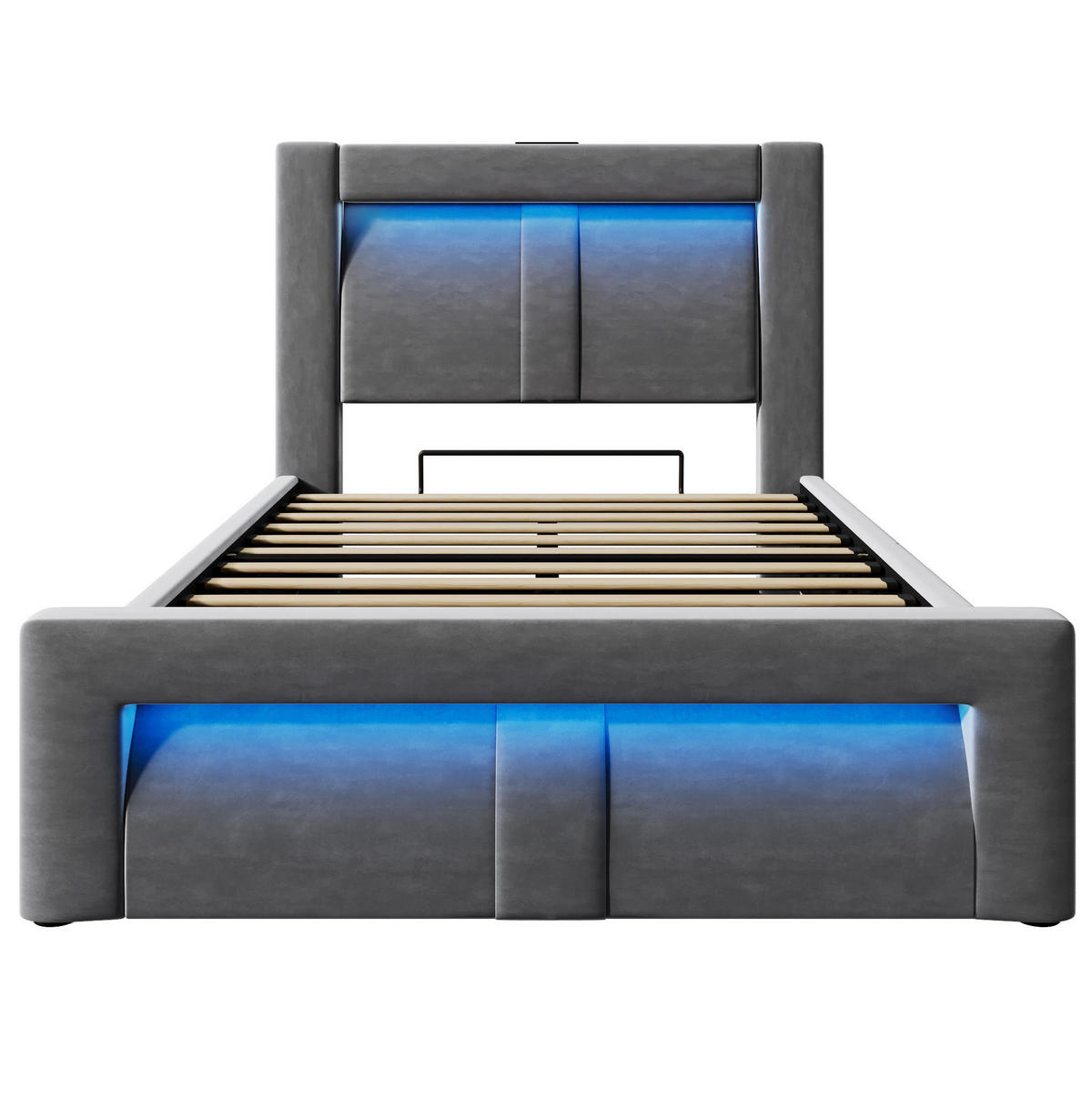 EINZELBETT 90/200 cm mit LED, USB- und Type-C-Anschluss, hydraulischem Stauraum und Samtbezug, Grau - Grau, Holz (90/200cm) - Redom