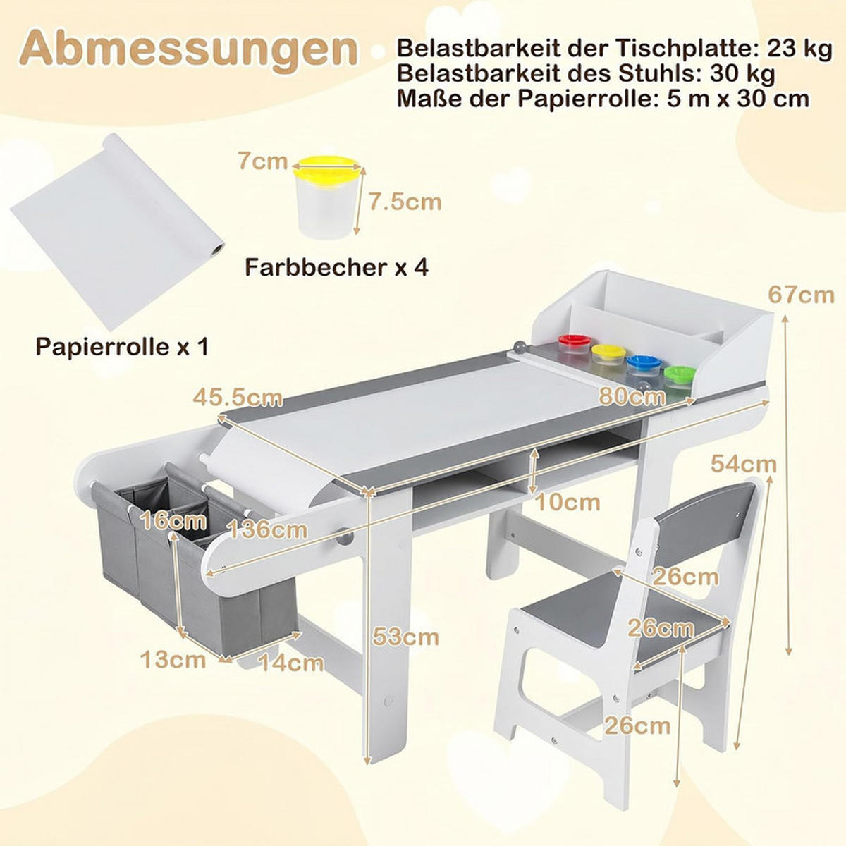 KINDERSCHREIBTISCH-SET mit Stauraum grau(2-tlg) - Grau, Holzwerkstoff (136/67/45.5cm) - COSTWAY