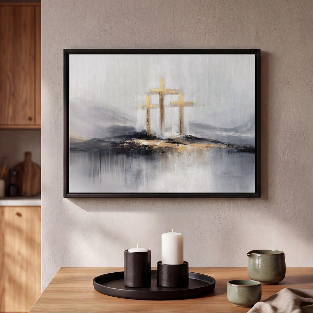 LEINWAND Bilder mit Rahmen - Abstrakt - Malerei - Christentum - Kreuz - 40x30 - Weiß, Textil (40/30cm) - MuchoWow