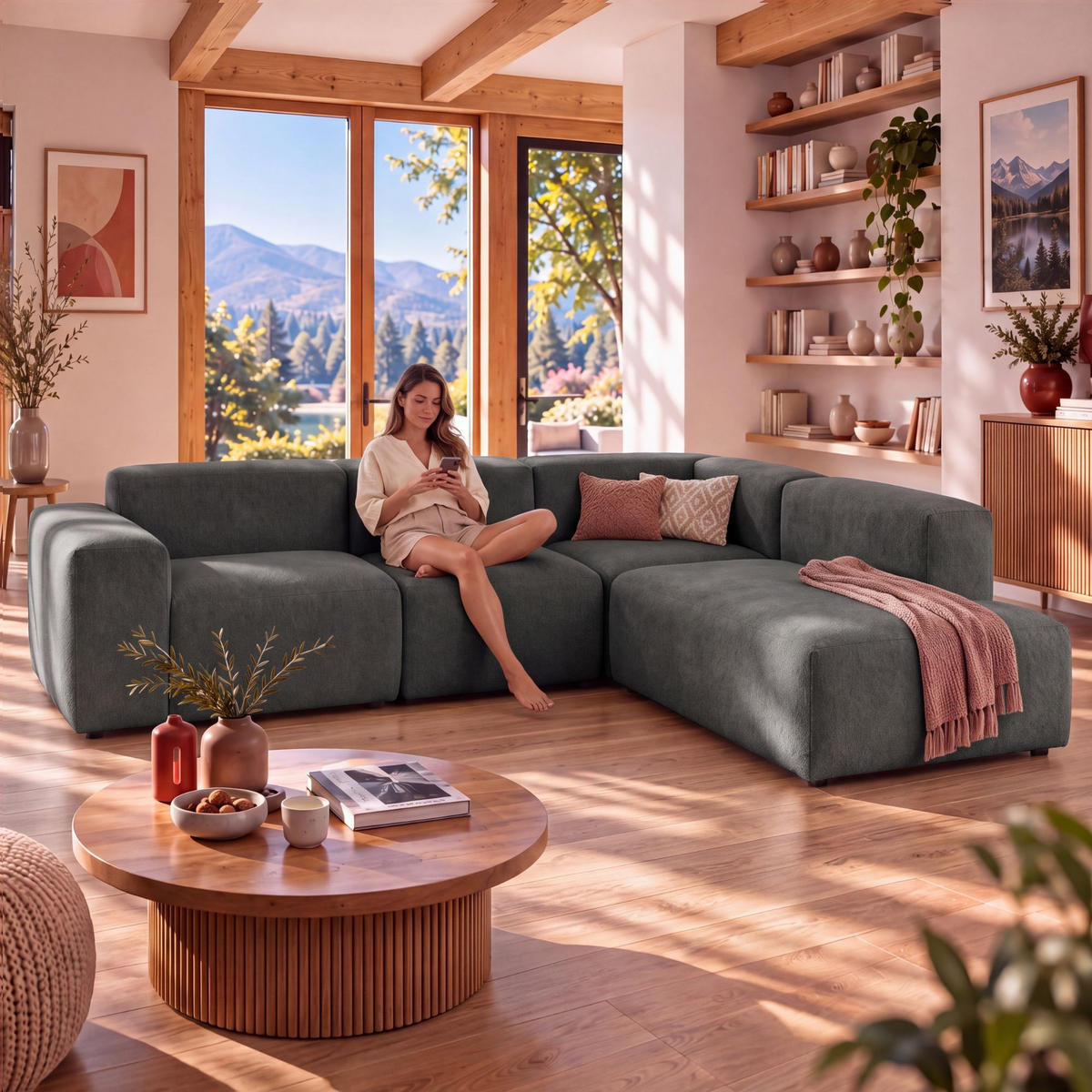 4-SITZER modulares Ecksofa HEAVEN SET 2 Rechts, Breite 300 cm Webstoff Dunkelgrau - Dunkelgrau/Schwarz, Holz/Kunststoff (245/300cm) - Muffo