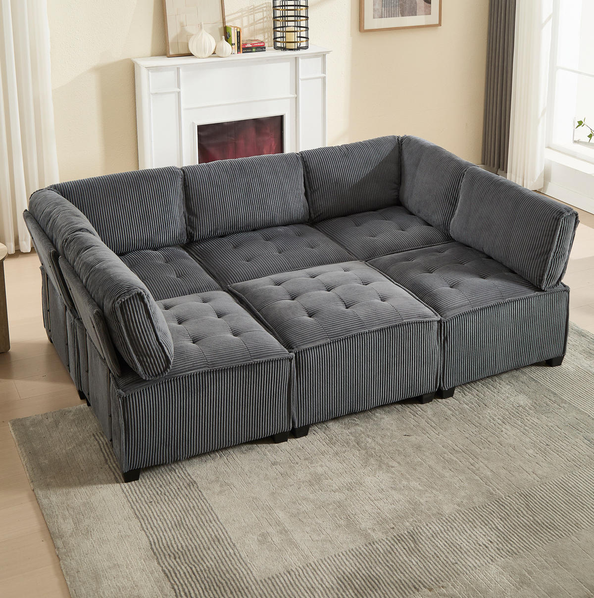 SOFA modular 6-Sitzer 308 x 154 cm Cord Gray - Grau, Kunststoff (154/82/308cm) - Meubliv