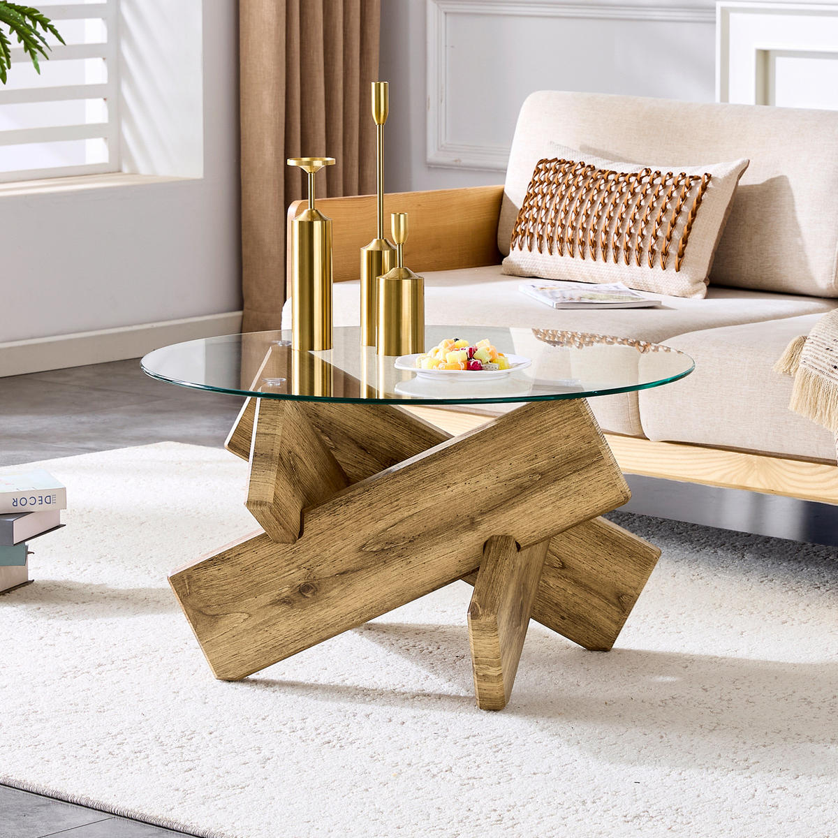 COUCHTISCH 79/45 cm Transparent/Holz aus MDF und Glas mit Kreuzgestell - Klar, Holzwerkstoff (79/79/45cm) - OKMYHOME