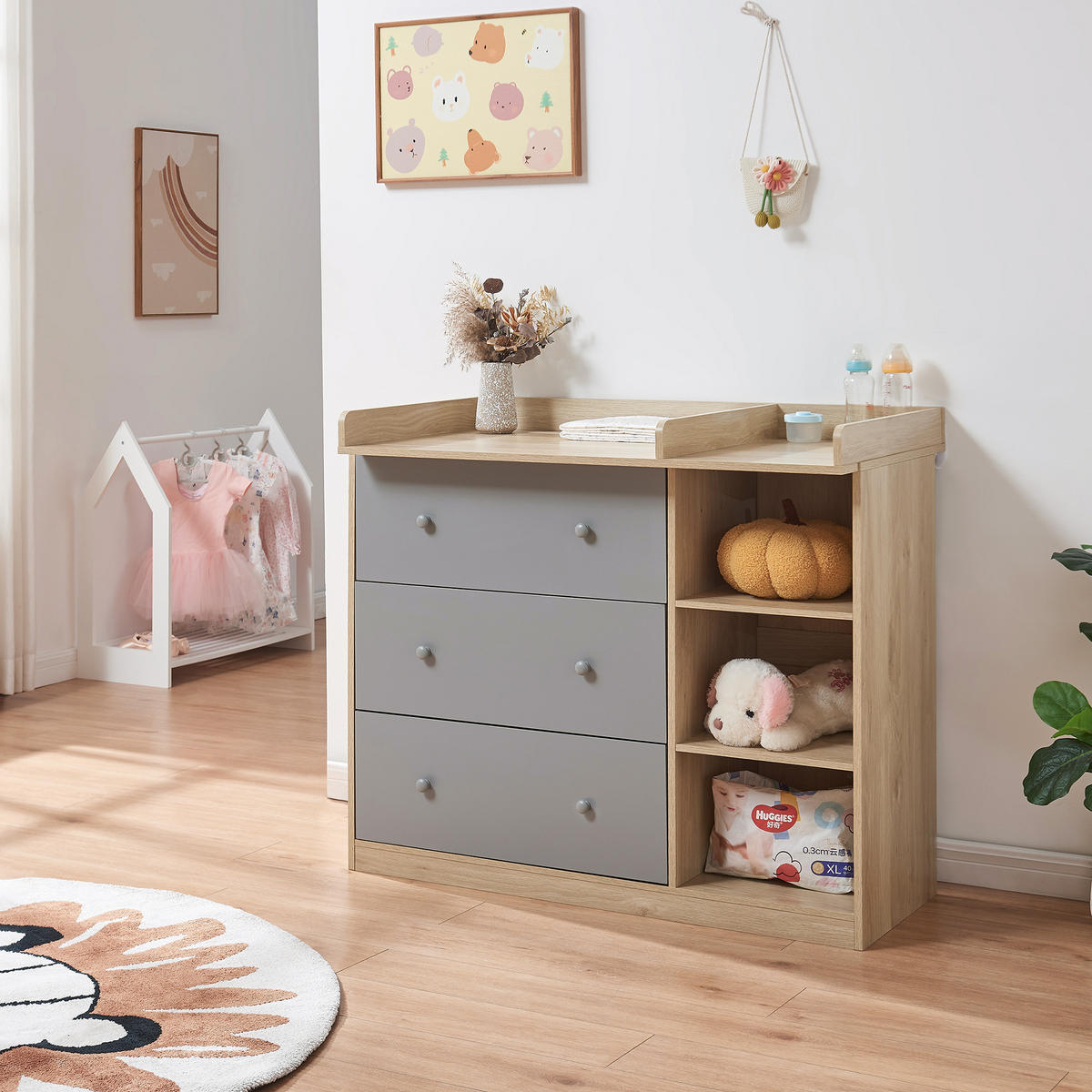 PŘEBALOVACÍ PŘÍSTROJ Beldinupp - šedá/barva dubu, kompozitní dřevo (55/93/110cm) - [en.casa]