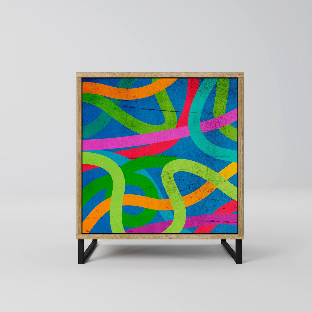 SIDEBOARD STREAMER TANGLE, Eichefarben, 57,5x42x70,5 cm, Schwarze Metall-Sternfüße - Eichefarben/Multicolor, Holzwerkstoff/Metall (57.5/70.5/42cm) - SpaceRebels