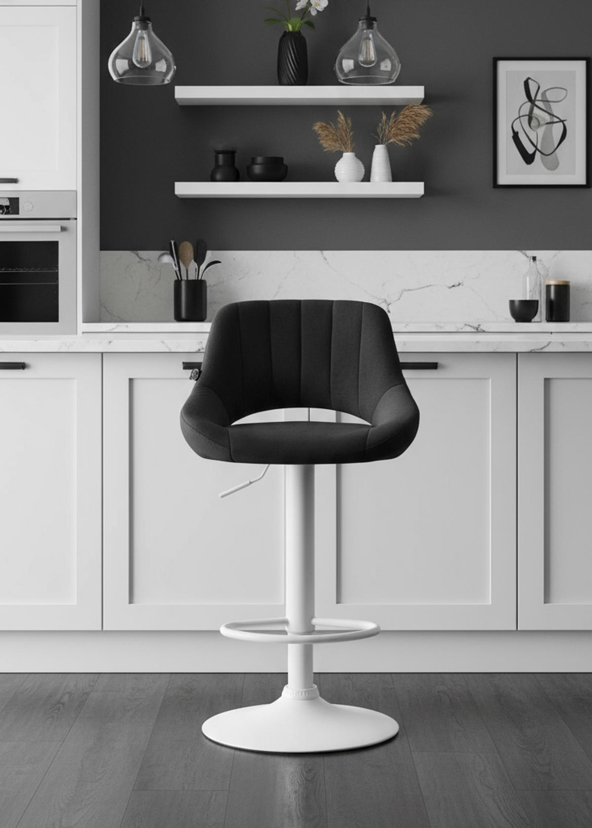 BARHOCKER Milos Samt weiß schwarz - Schwarz/Weiß, Textil/Metall (47/106/48cm) - TPFLiving