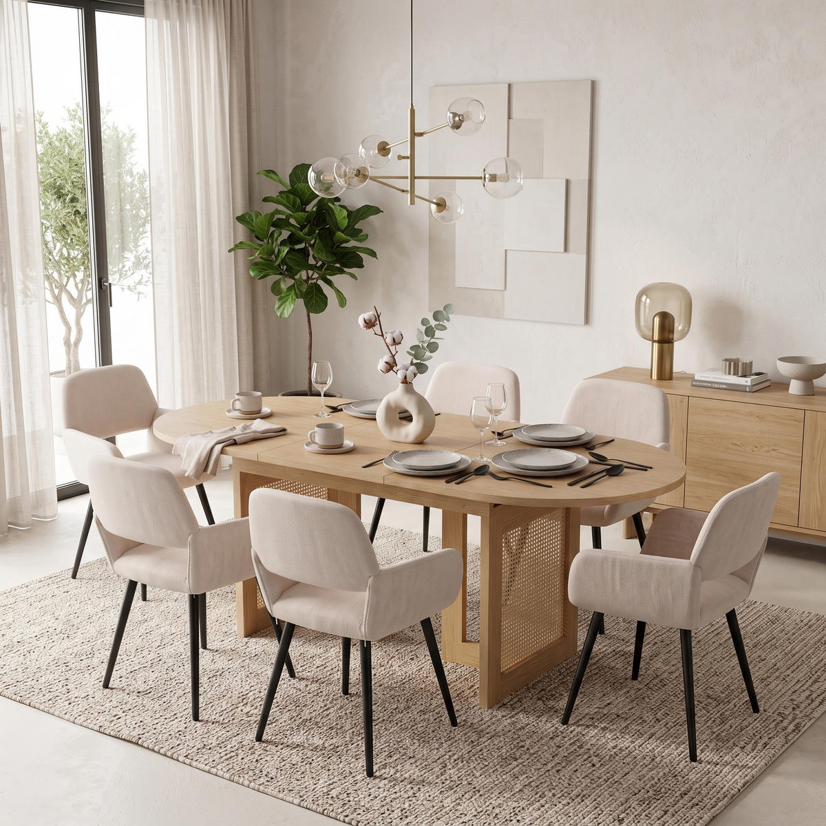ESSGRUPPE 1+6 Ausziehbarer Tisch Eiche 150-200cm & 6 Armlehnstühle Beige - Eichefarben, Holzwerkstoff (200/75/90cm) - Urban Meuble