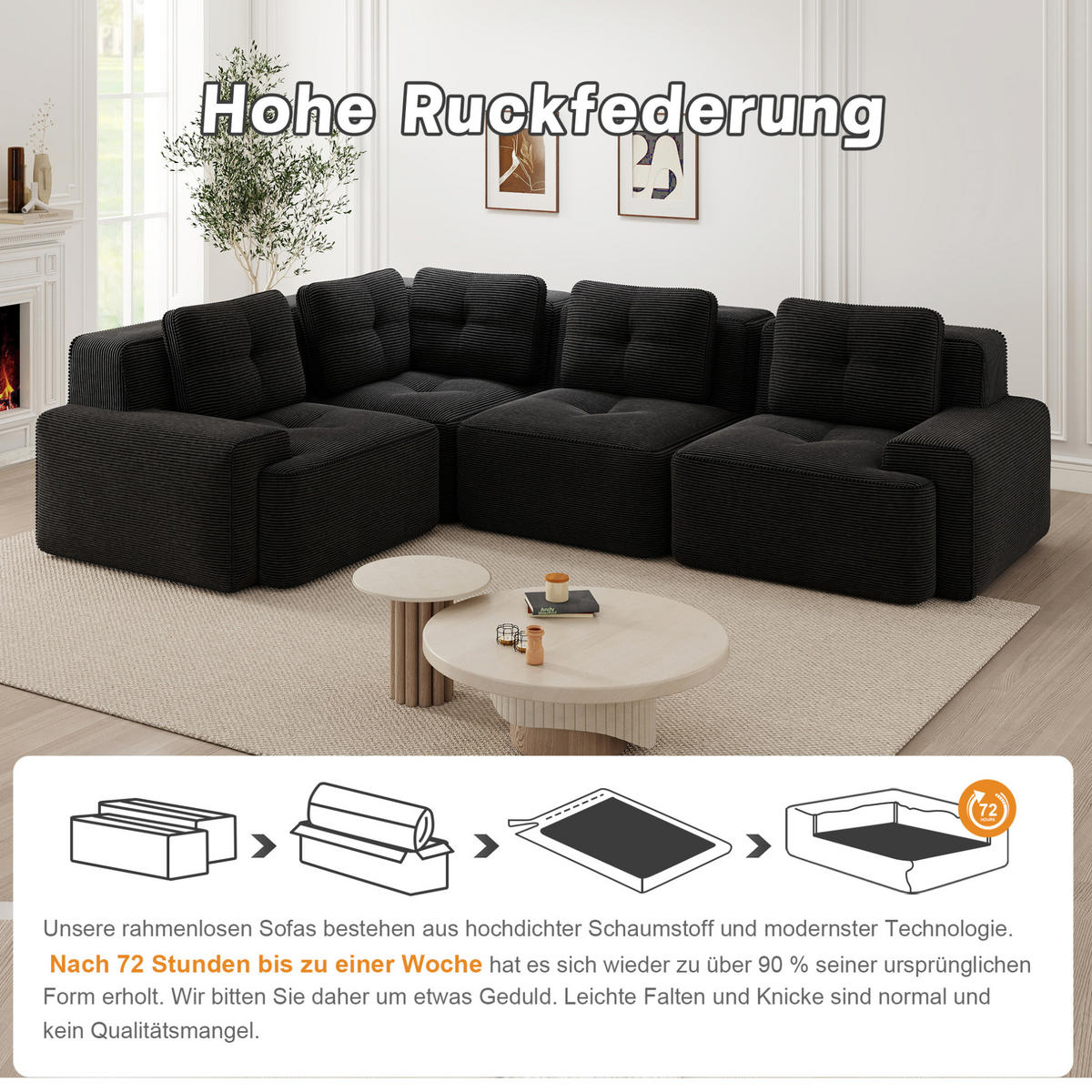 ECKSOFA aus Cord mit modularem Design Schwarz - Schwarz, Textil (104/382cm) - Modenvie