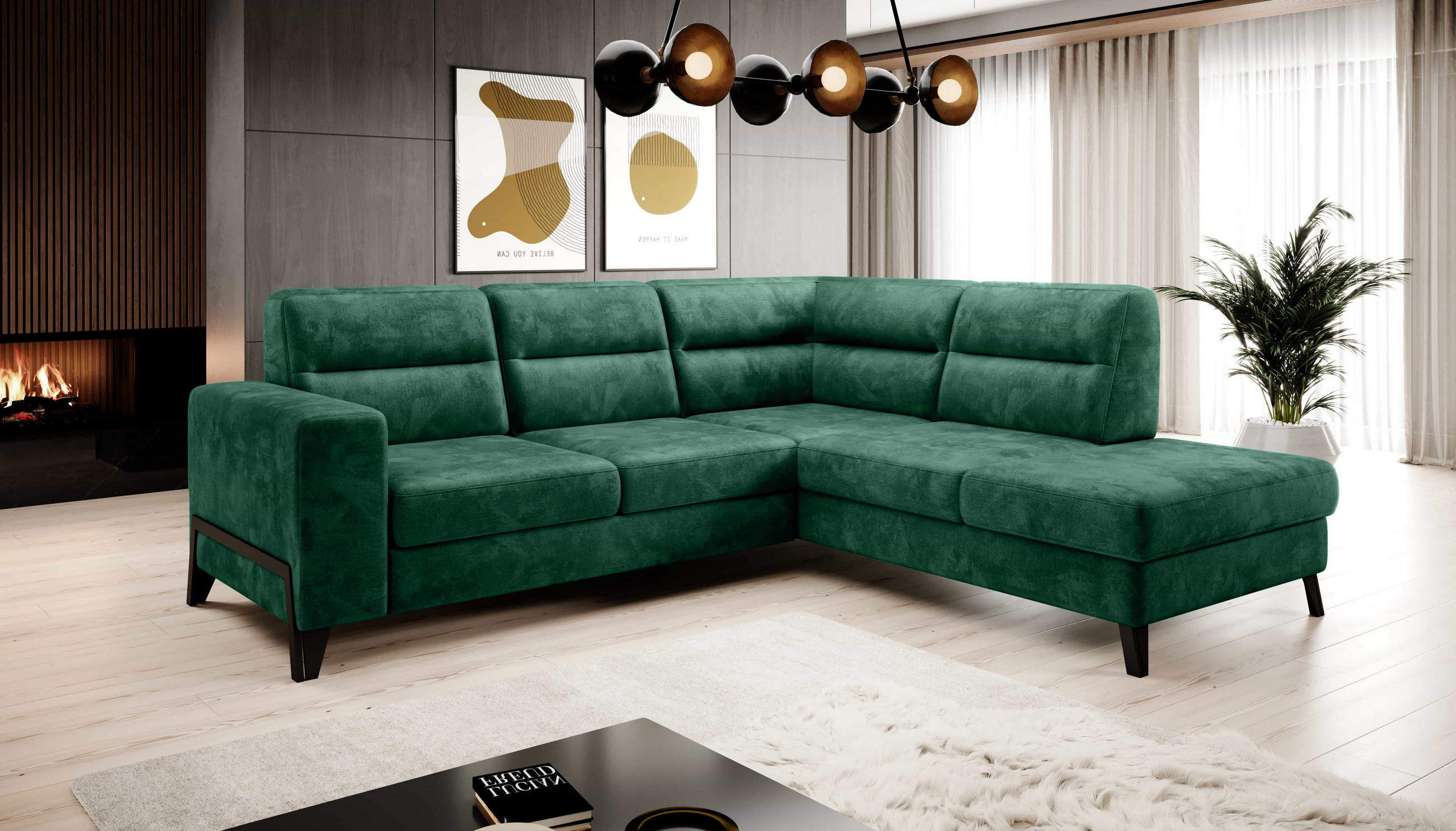 ECKSOFA mit Schlaffunktion & Bettkasten, luxus Nube-Stoff - Dunkelgrün/Schwarz, Textil/Metall (237/277cm) - Eltap