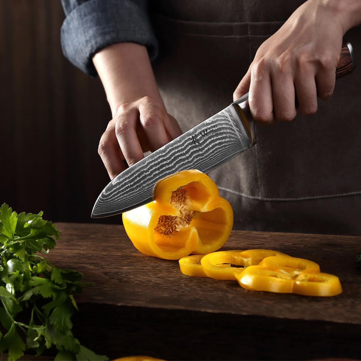 SANTOKU Damastmesser I EDIB - Braun, Holz/Metall (30cm) - Wakoli