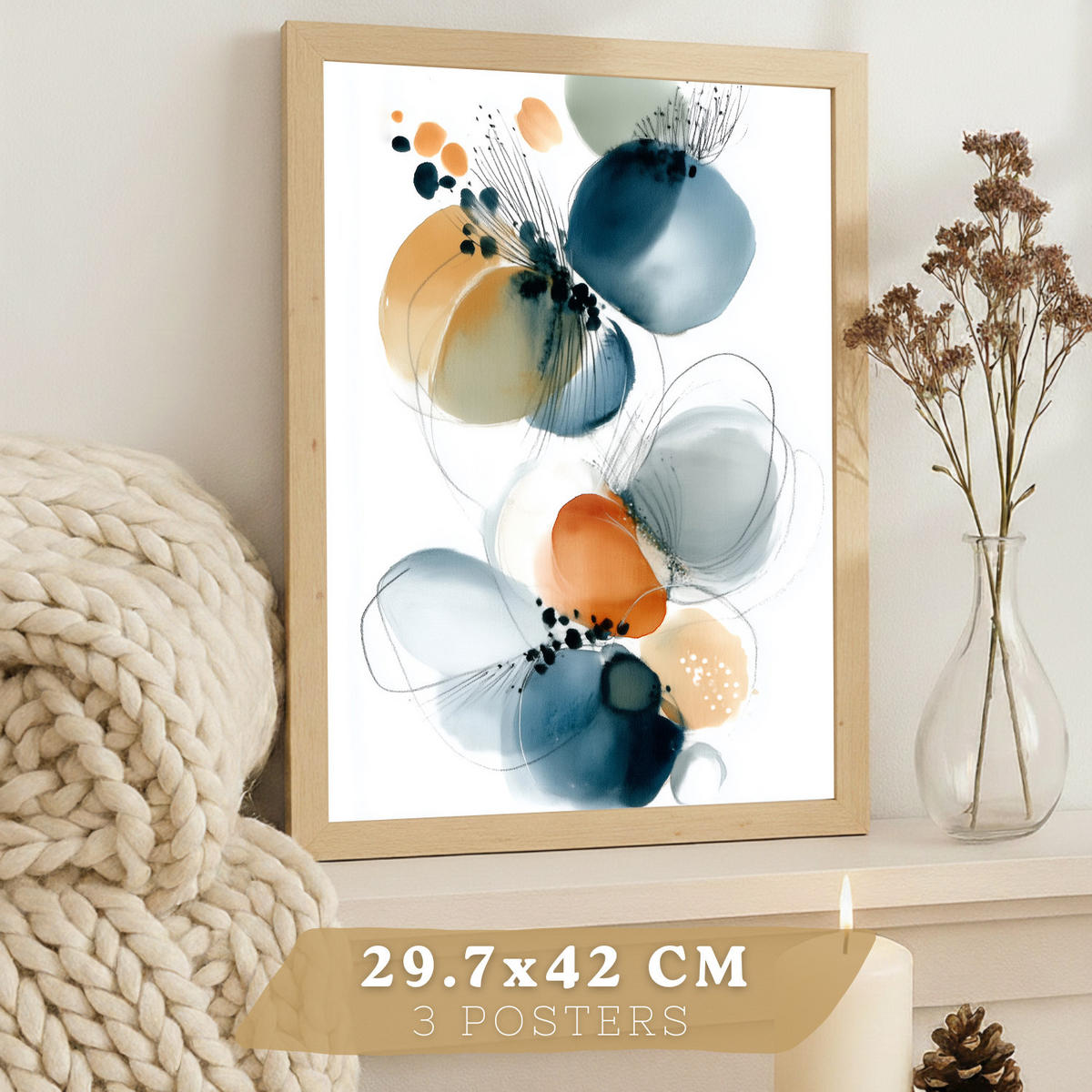 PLAKAT Sada 3 dekorativních nástěnných tisků Abstraktní akvarelové obrazy,oranžová. Rám z lehkého dřeva velikosti A3 - béžová, papír (29.7/42/3cm)