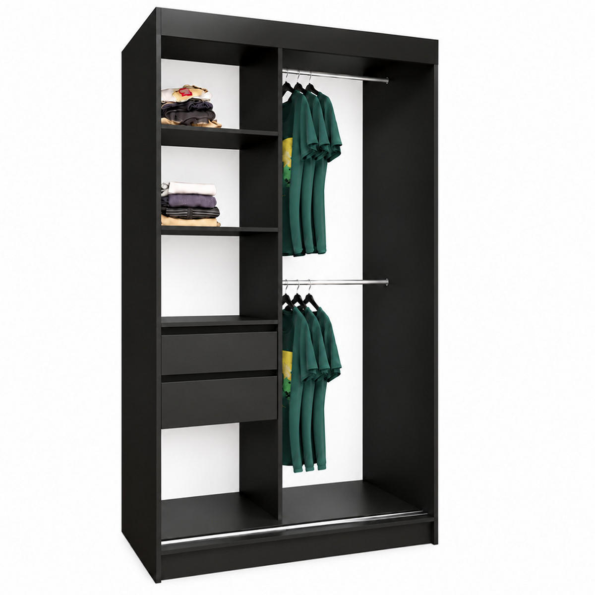 KLEIDERSCHRANK Nox 120 cm Schwarz Spiegel 2 Schubladen Griffe silber - Schwarz, Holzwerkstoff (120/216/61cm) - KS Home Concept