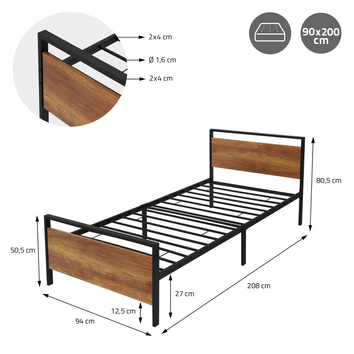 METALLBETT mit MATRATZE 200/90 cm - Braun, Metall (90/200cm) - ML-DESIGN