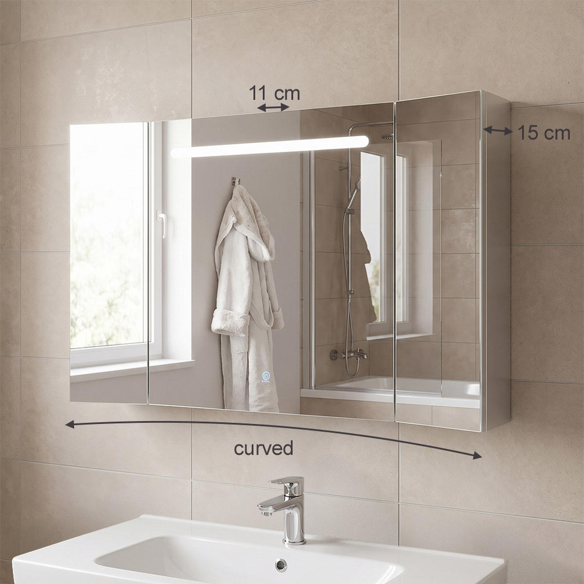 KOPALNIŠKA OMARICA Z OGLEDALOM Curved, Bela, 100 x 60 cm - bela, leseni material (100/60/15cm) - Vicco
