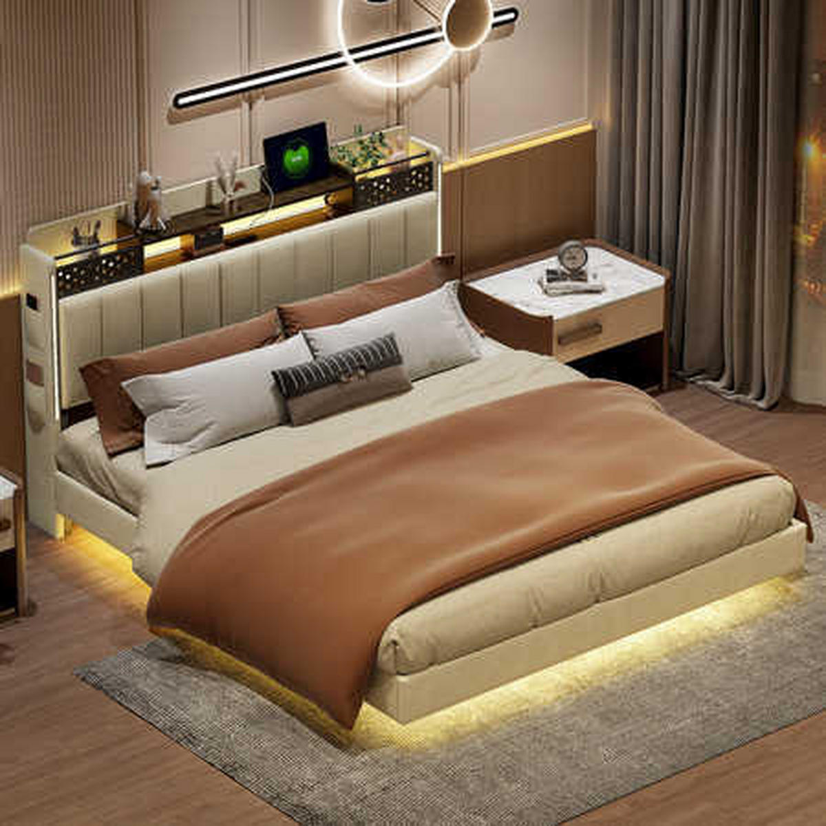 POLSTERBETT 160x200 Beige Leinen LED Stauraum - Beige, Textil (160/200cm) - FLIEKS