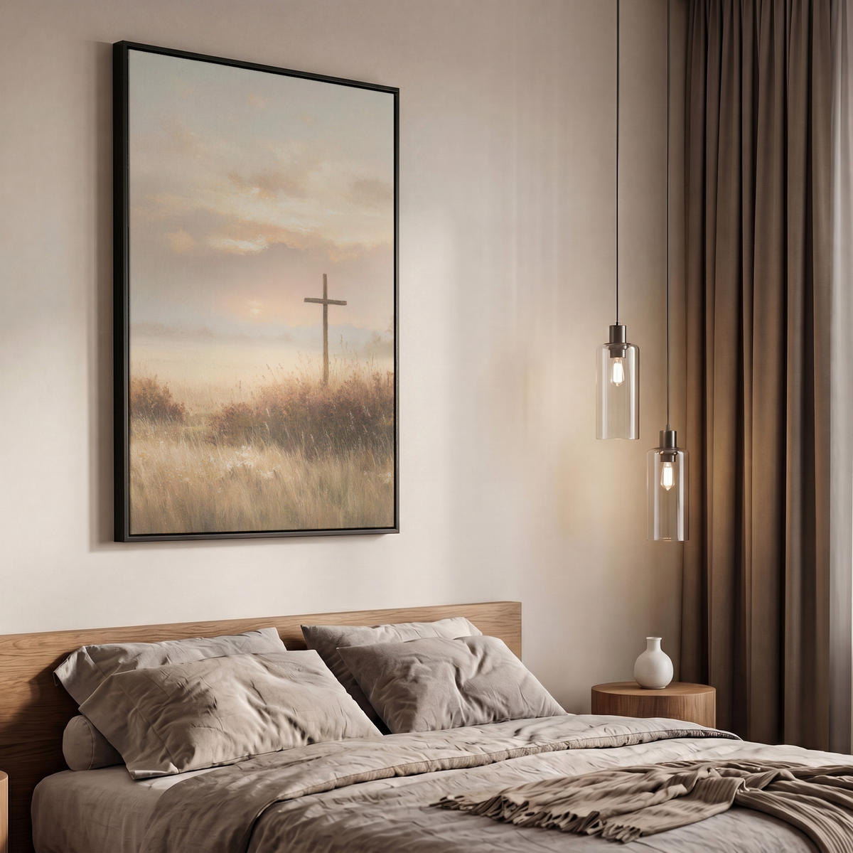 LEINWAND Bilder mit Rahmen - Gras - Morgennebel - Kreuz - Christentum - 60x90 - Beige, Textil (60/90cm) - MuchoWow