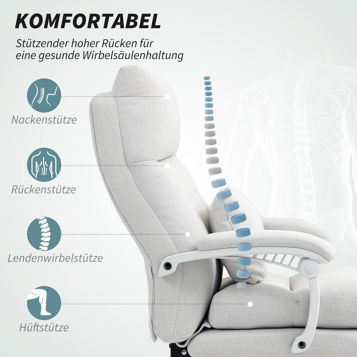 BÜROSTUHL Ergonomischer Schreibtischstuhl mit Lendenwirbelstütze, Fußstütze - Creme, Textil (68/122/70cm) - HOMCOM