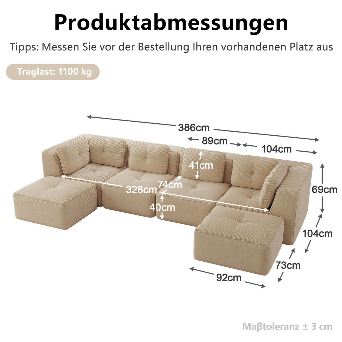 WOHNLANDSCHAFT DE-34220 mit Ottoman und Schlaffunktion Beige - Beige, Textil (177/69/386cm) - ComfortXL