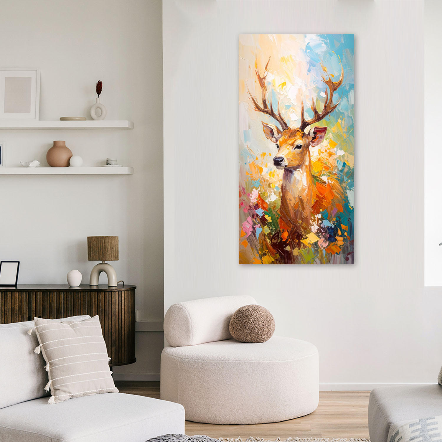 LEINWANDBILD Bunte Hirsche Ölgemälde-Effekt 50x100cm - Multicolor, Textil (50/100cm) - Feeby