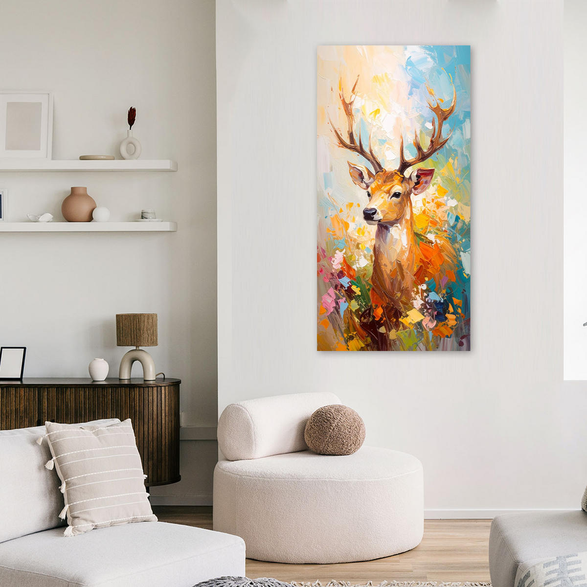LEINWANDBILD Bunte Hirsche Ölgemälde-Effekt 50x100cm - Multicolor, Textil (50/100cm) - Feeby