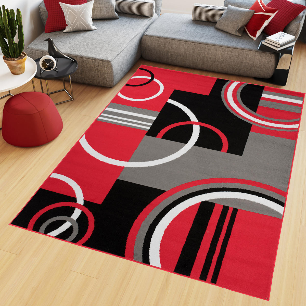 TEPPICH MAYA Rot Geometrisch Kreise Vierecke 160/230 cm - Rot, Textil (160/230cm) - Tapiso
