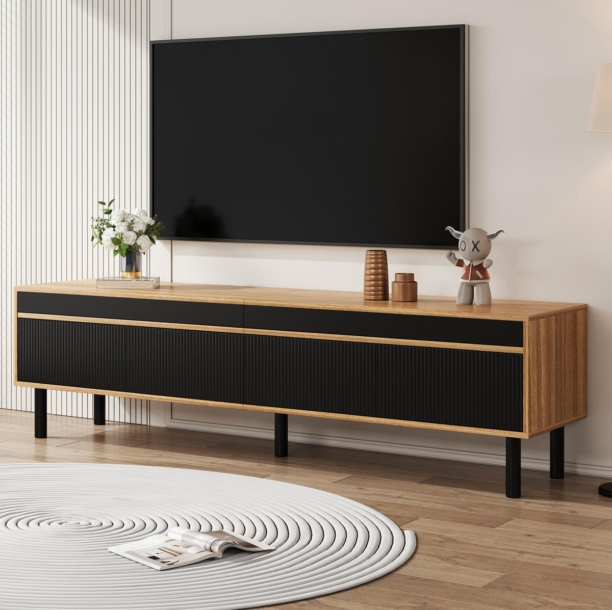 TV-SCHRANK aus E1 MDF und Spanplatte 170x38x47,7 cm Schwarz/Natur mit 4 Türen und Push-to-Open - Schwarz, Holzwerkstoff (170/47/38cm) - Modfu