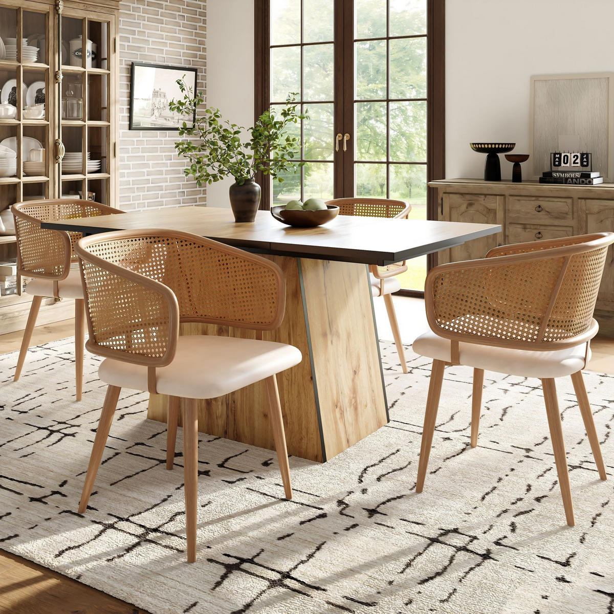 ESSZIMMERSTUHL 2-Tlg Rattan Rückenlehne, PU Leder Sitz, Beige - Braun, Metall (47/79/51cm) - FLIEKS