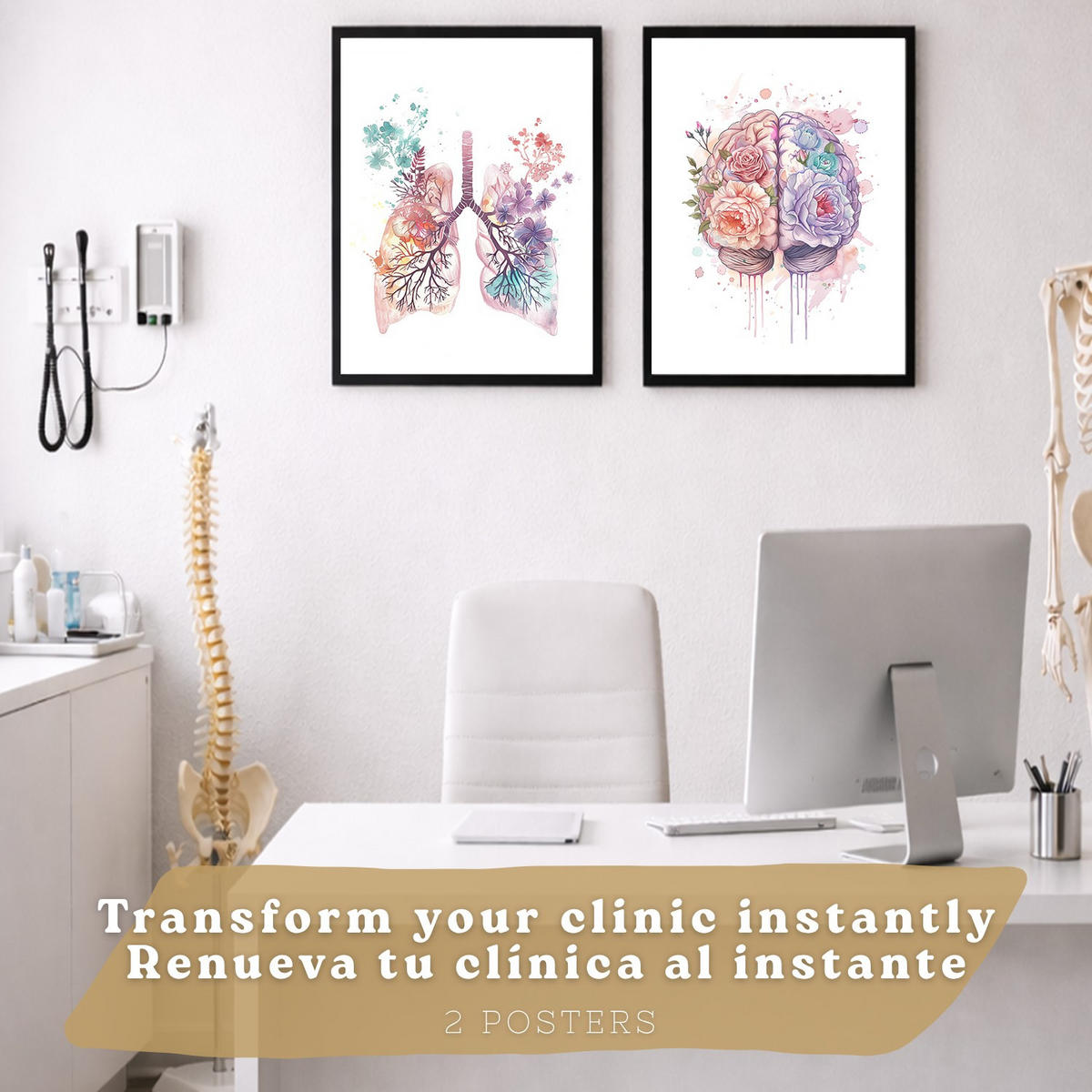 POSTER Set aus 2 Anatomie Mensch Drucke und mit Lungen Luftröhre Bronchien und Gehirn Pastellfarbenes Florales Aquarell Größe Schwarzer Rahmen A4 - Schwarz, Papier (21/29.7/3cm) - Nacnic