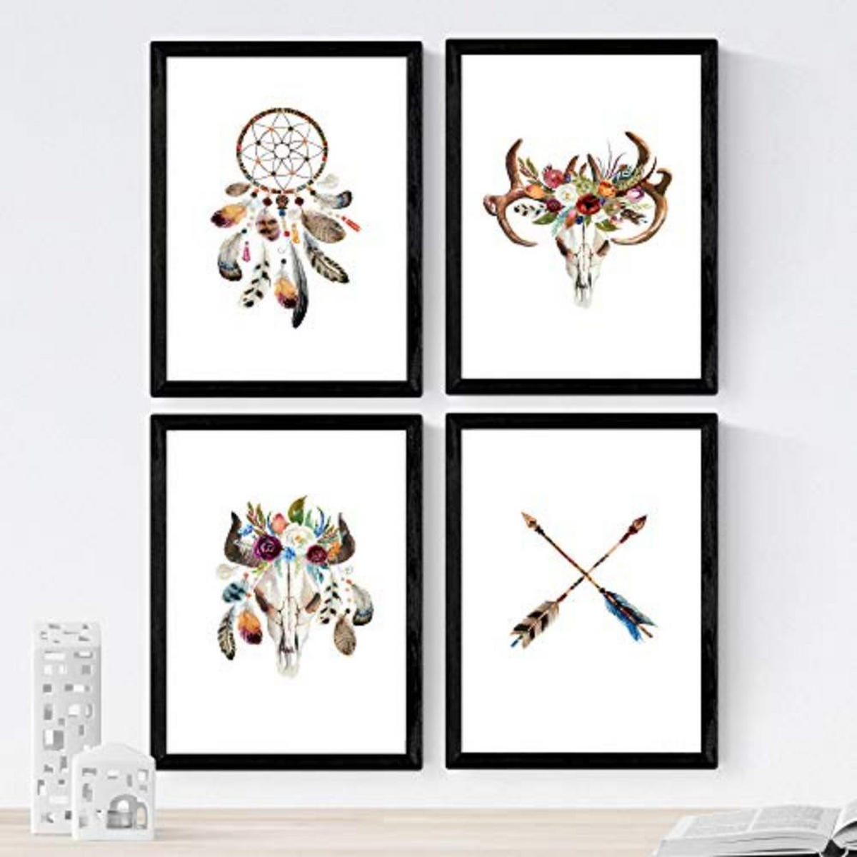 POSTER Set mit 4 bömische Federn und Blumen A4 Rahmenlos - Klar, Papier (29.7/3cm) - Nacnic