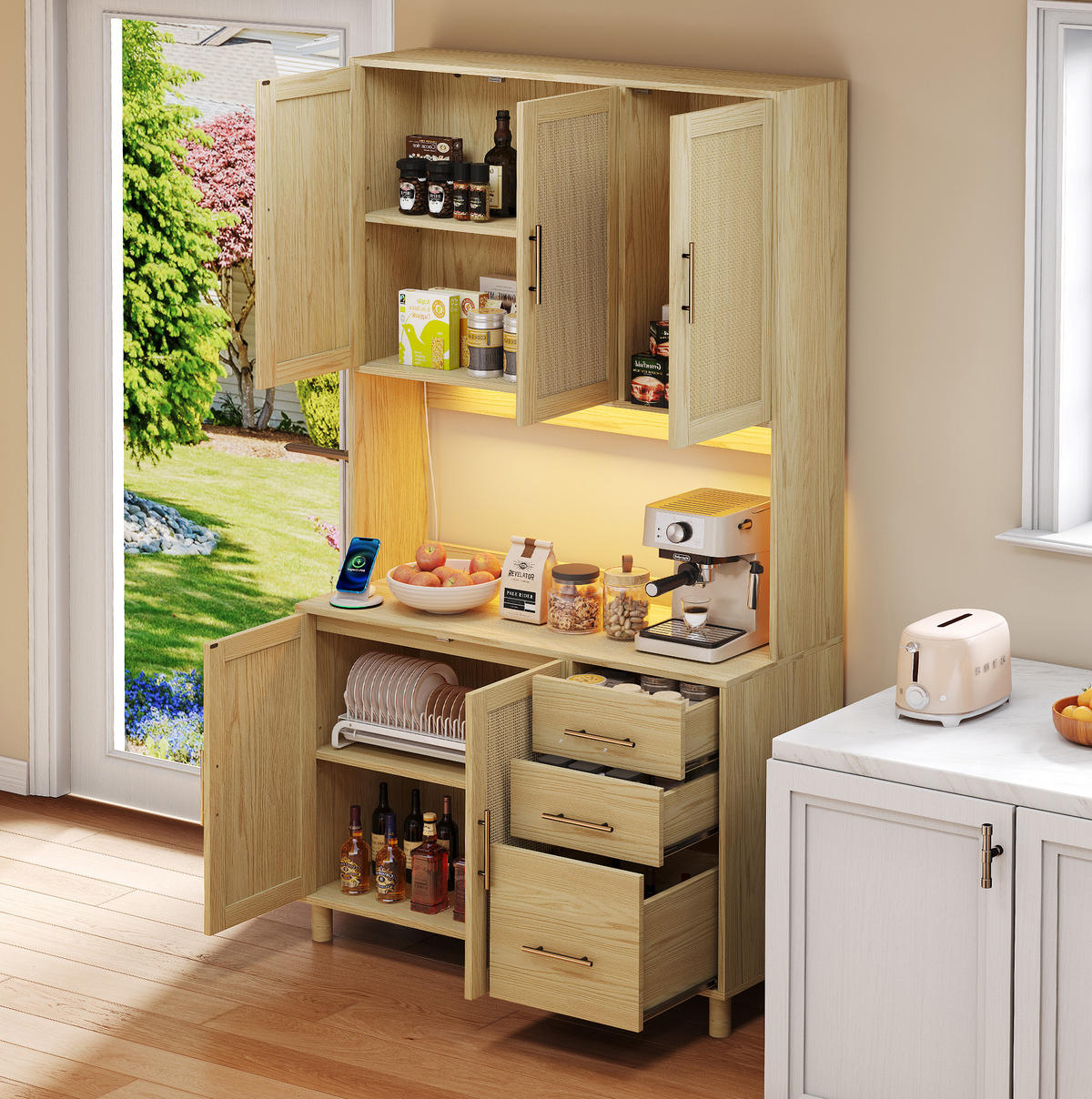 BUFFET aus MDF 100x40x183 cm Naturfarben mit LED-Beleuchtung, 2 Steckdosen, USB-Anschluss und viel Stauraum - Naturfarben, Holzwerkstoff (100/183/40cm) - Modfu