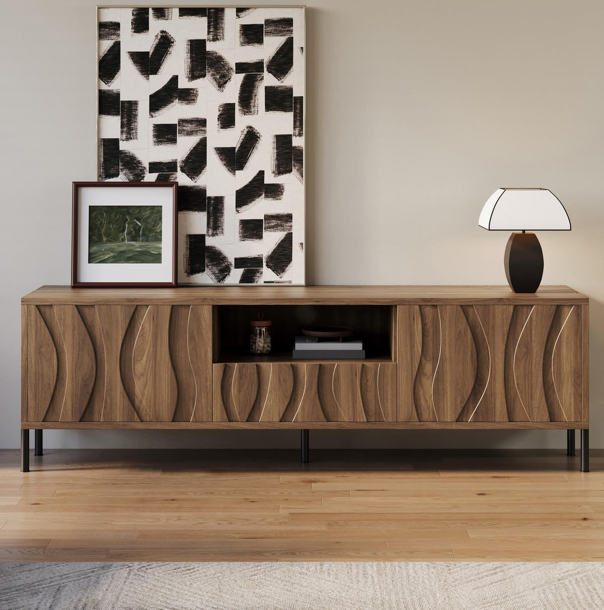 TV stolek 160/35/46 cm přírodní z MDF s vlnitými dvířky a úložným prostorem - přírodní, kompozitní dřevo (160/46/35cm) - OKWISH