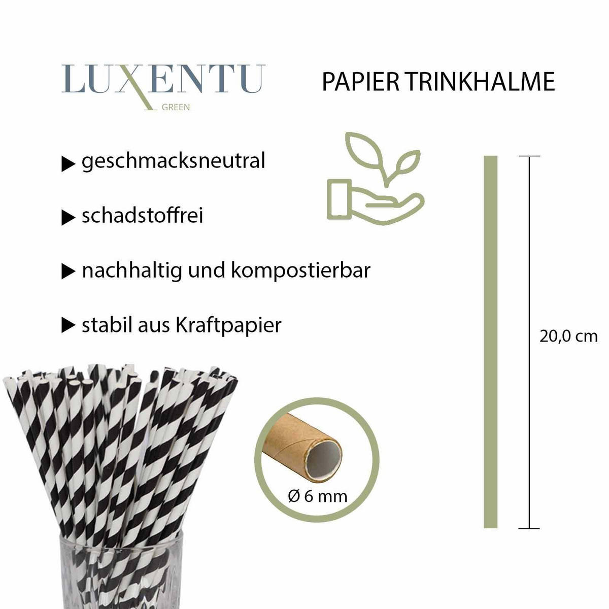PAPIER-TRINKHALME gestreift Schwarz / Weiß 20 cm 100er Set - Schwarz, Papier (0.6/19.7cm) - LUXENTU