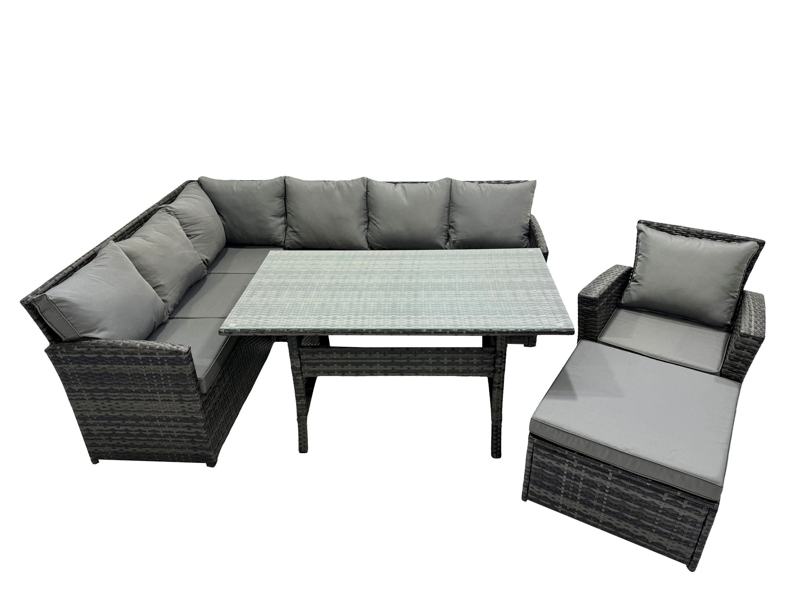 SITZGRUPPE mit Esstisch,Fußhocker Polyrattan Dunkelgrau 8-Sitzer - Dunkelgrau/Grau, Glas/Kunststoff - Fimous