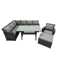 SITZGRUPPE mit Esstisch,Fußhocker Polyrattan Dunkelgrau 8-Sitzer - Dunkelgrau/Grau, Glas/Kunststoff - Fimous