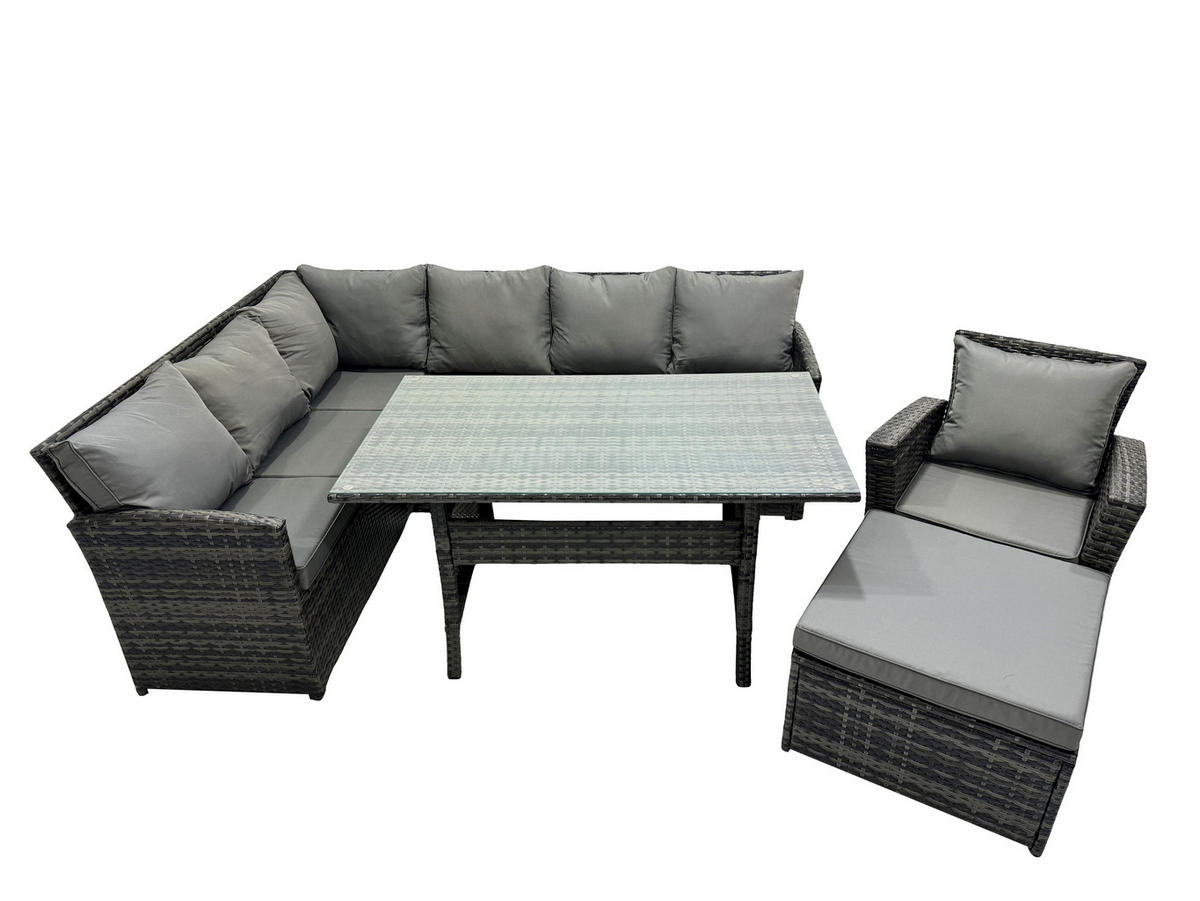 SITZGRUPPE mit Esstisch,Fußhocker Polyrattan Dunkelgrau 8-Sitzer - Dunkelgrau/Grau, Glas/Kunststoff - Fimous