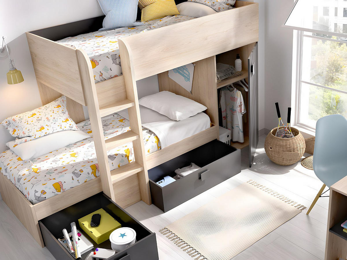 ETAGENBETT - 2 -Sitzer - Holzspan - anthrazitgrau, naturfarben hell - RICARDO - Anthrazit, Holz (111/255cm) - Vente-Unique