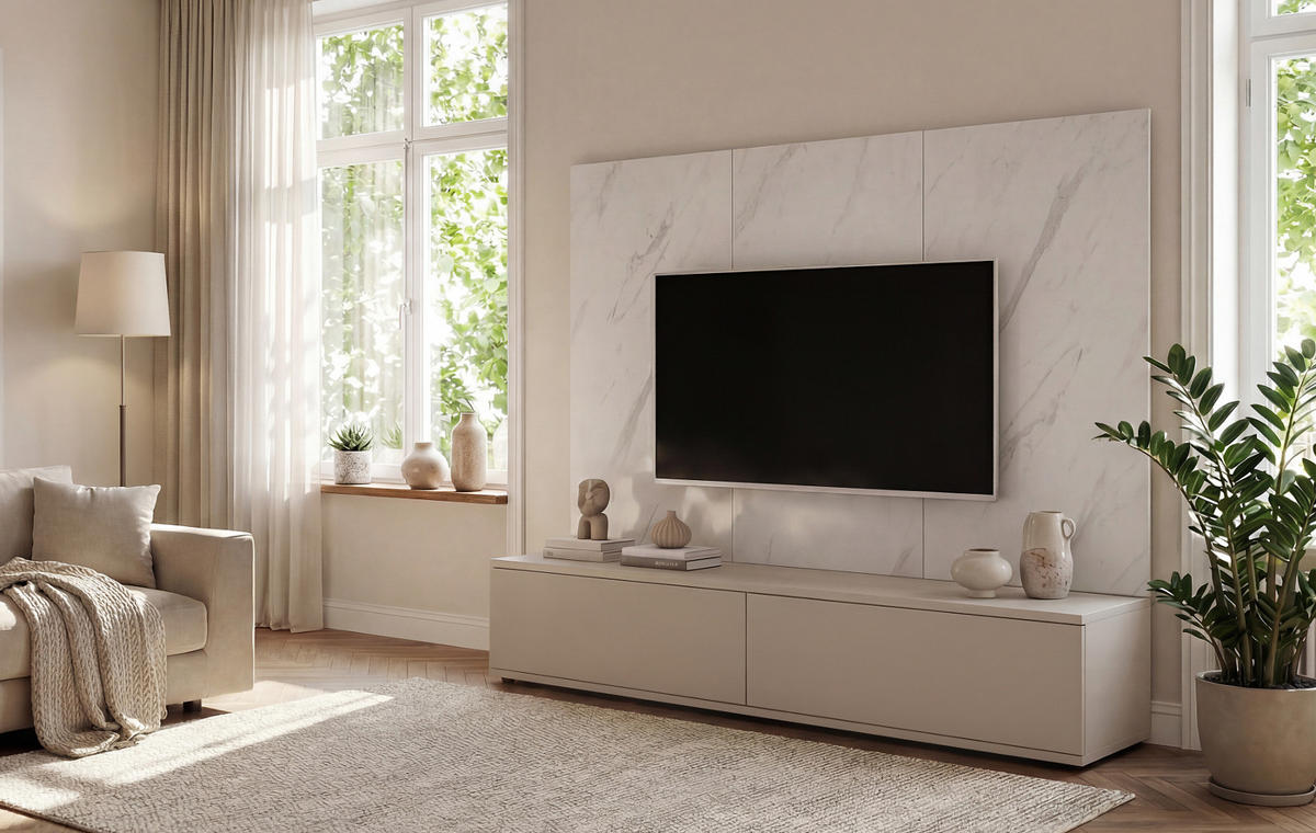 TV-LOWBOARD kaschmir, Marmor weiß 180 cm, TV Unterschrank Set mit Wandpaneel und Push-to-Open - Kaschmir/Weiß, Holzwerkstoff (180/155/45cm) - Inn.Furn