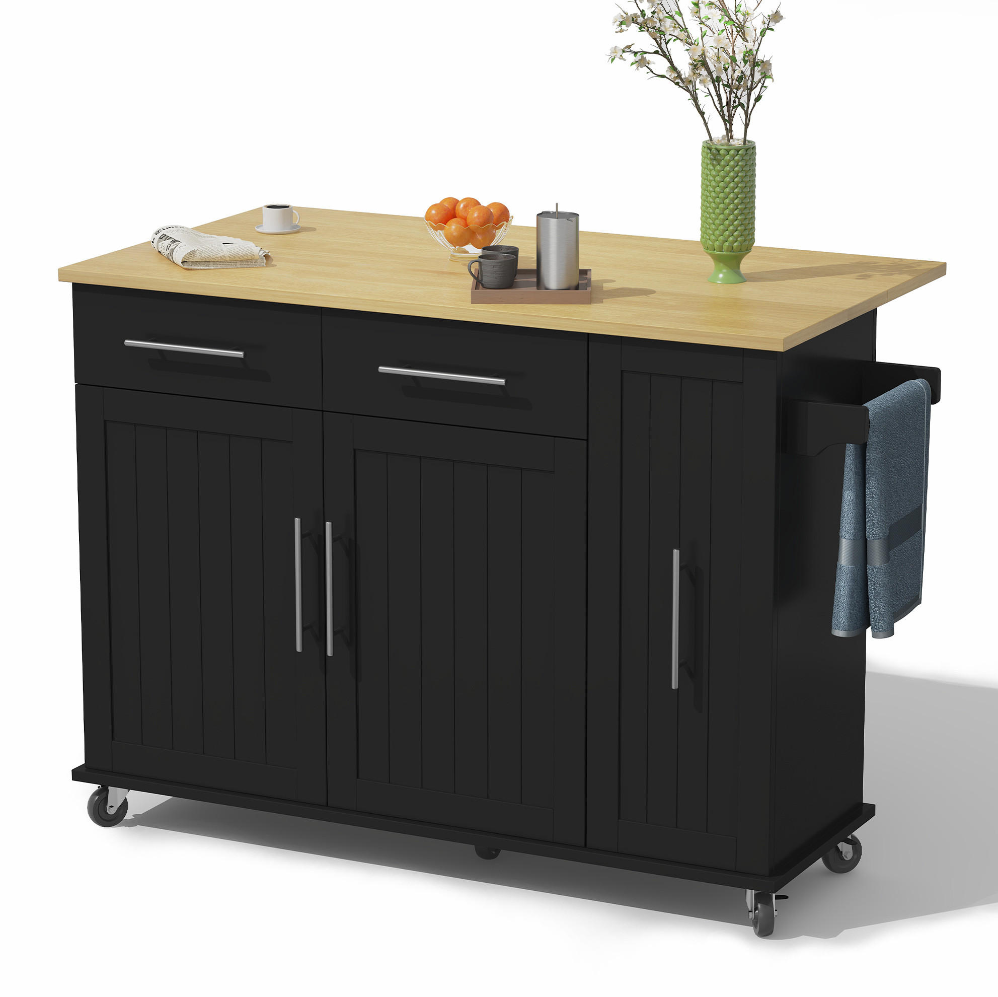 MOBILER Kücheninselwagen 120x65x90cm Schwarz mit Auszug, Klappplatte & 5 Rollen - Schwarz, Holzwerkstoff (120/90/65cm) - Modfu