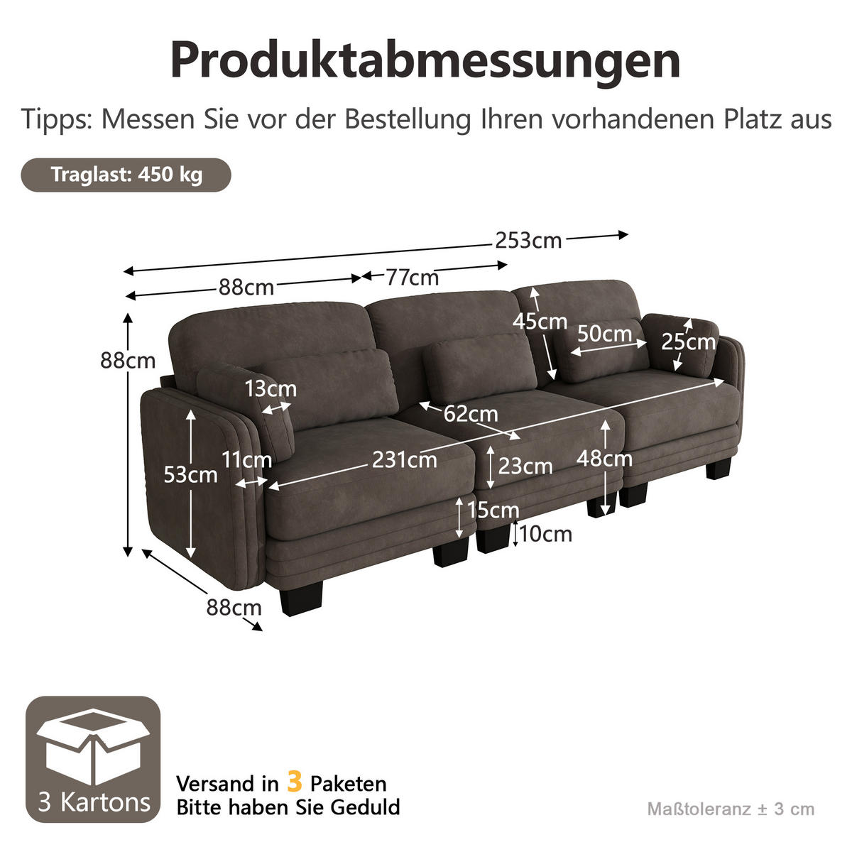 3-SITZER-SOFA Chenille mit Lenden- und Armkissen, DE-42686, Braun - Braun, Holz (253/88/88cm) - ComfortXL
