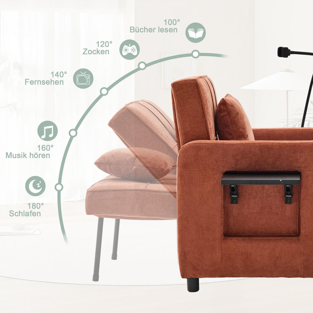 FERNSEHSESSEL Relaxsessel,Polsterliege mit Stauraum,Chenille,Orange - Orange, Textil (79/83/167cm) - LVHOM