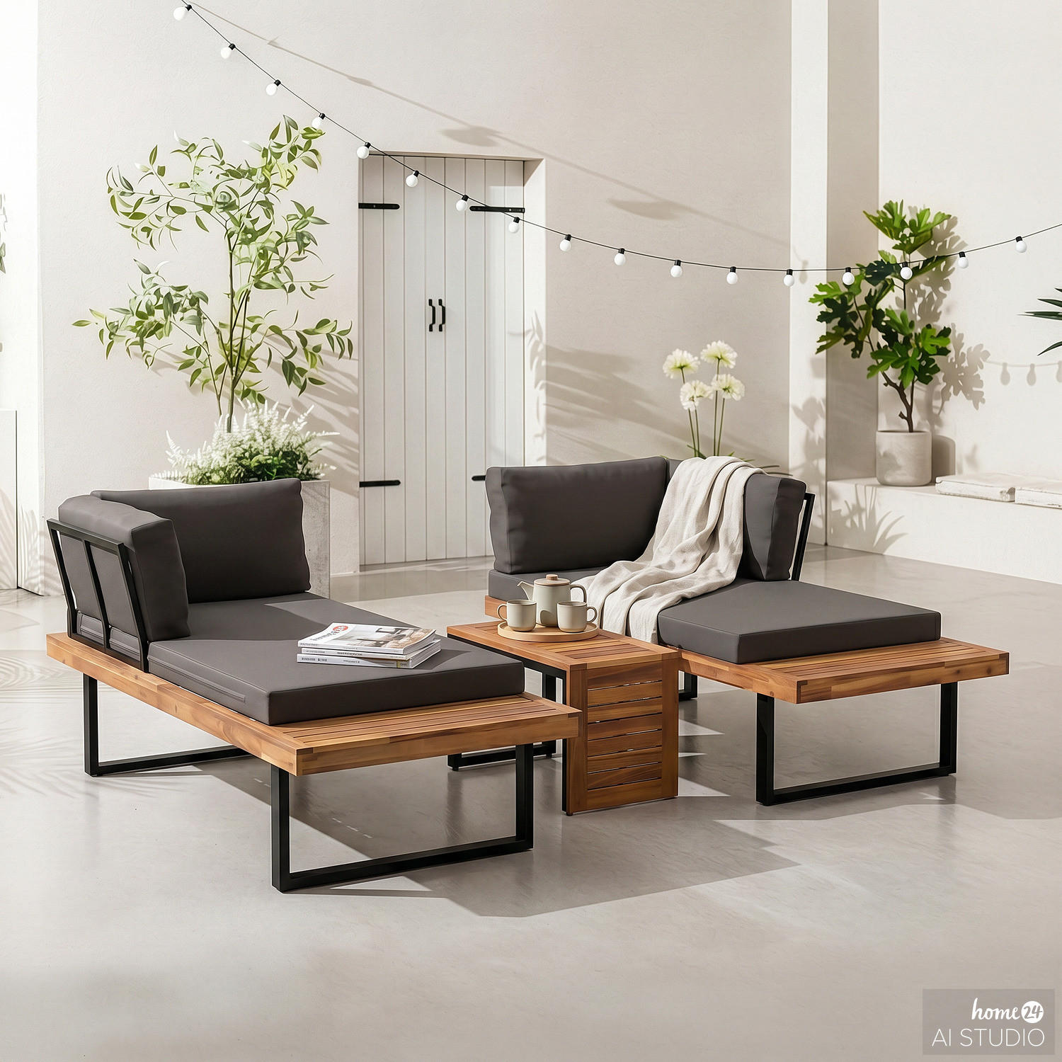 LOUNGESET - 3-teilig - Akazie massiv / Polyester - Grau, Holz/Textil - home24