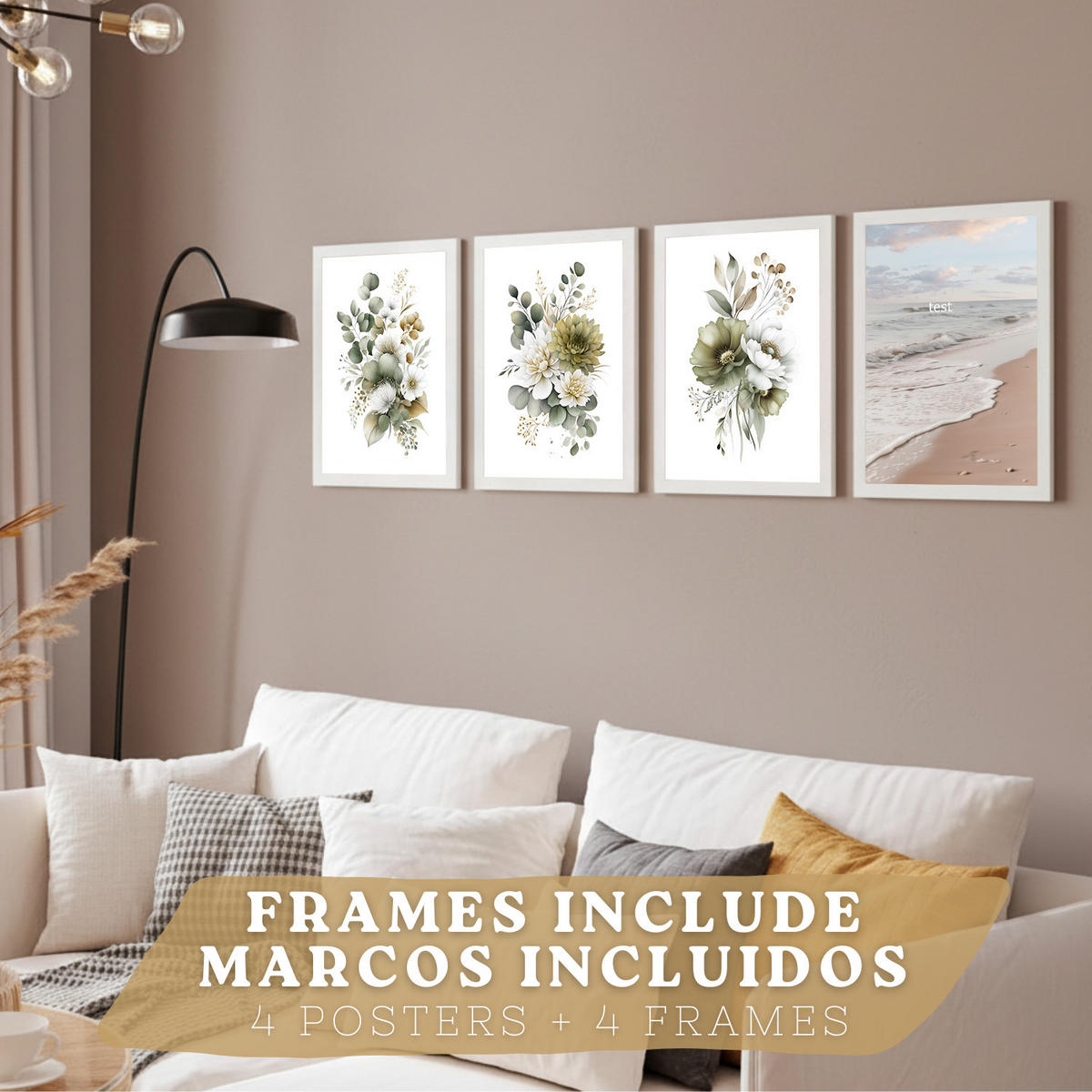 PLAKAT Sada 4 boho botanických uměleckých tisků. Akvarelové květinové nástěnné umění. Velikost Bílý rám A4 - bílá, papír (21/29.7/3cm) - Nacnic