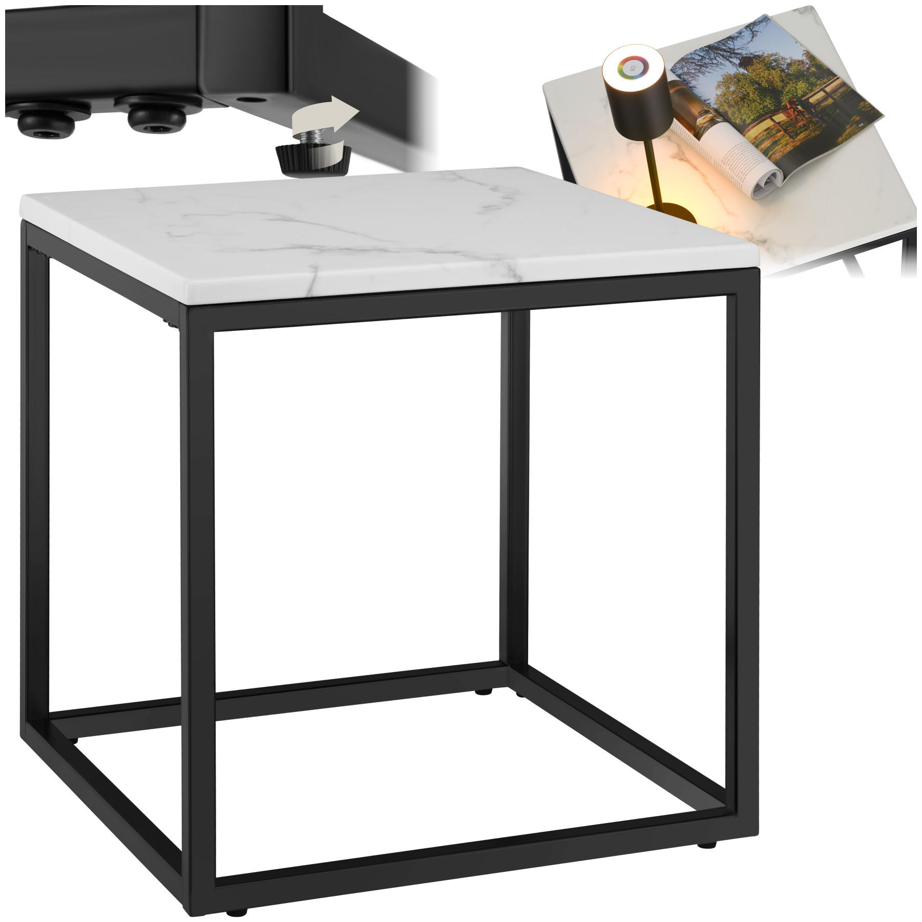 MARMOR-BEISTELLTISCH Alysia,mit höhenverstellbaren Kunststofffüßen,schwarz/weiß - Schwarz/Weiß, Stein (45/45/47.5cm) - tectake