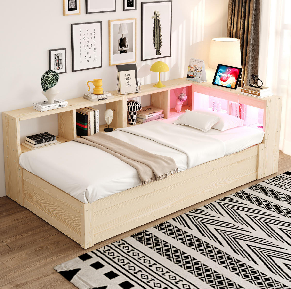 BETT 90/200 cm aus MDF mit LED und Stauraum Naturholz - Naturfarben, Holzwerkstoff (90/200cm) - OKMYHOME