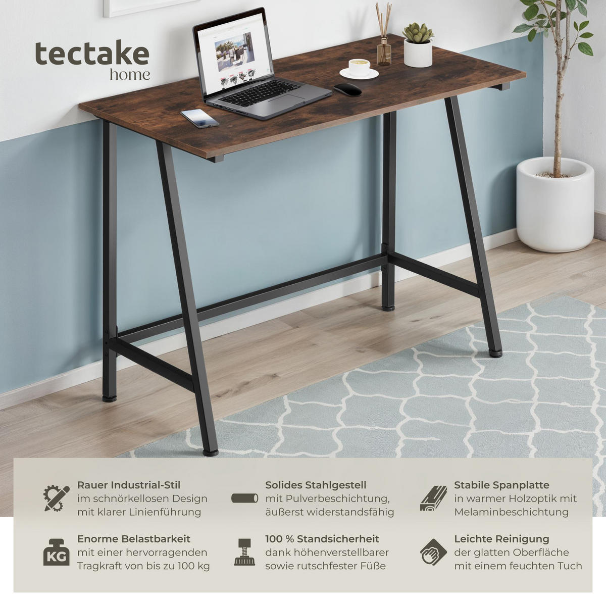 SCHREIBTISCH Newton,100 x 50 x 77 cm,Industrial Holz dunkel, rustikal - Rostfarben, Holzwerkstoff (100/50/77cm) - tectake